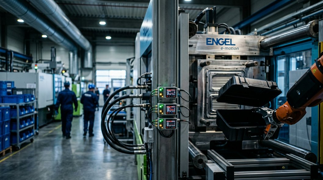 High-tech plastic injection mold factory showing advanced machinery and smart sensors for storage case production